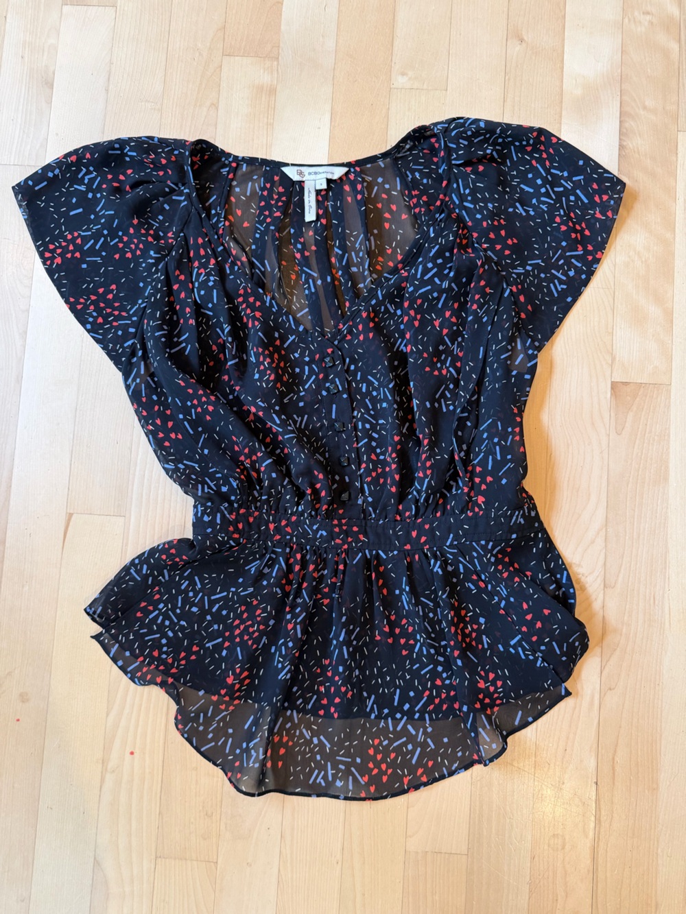 BCBGeneration Blouse with Red & Blue Confetti Print